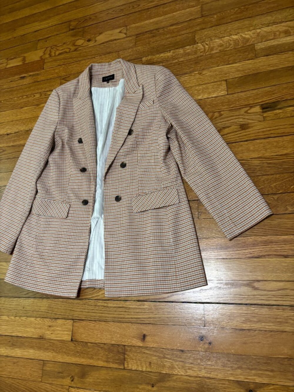 1 State Womens Open Front Blazer Jacket Size 16 Red Check Double Breasted Career - Picture 2 of 7